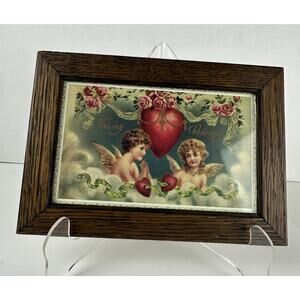 Cupid Boy & Girl Angel in the Clouds Valentine Framed Pink Rose Flowers Hearts